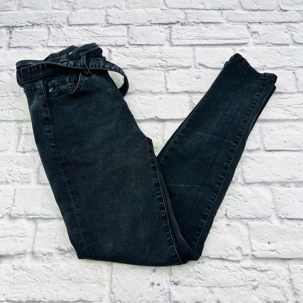 KanCan High Rise Skinny Jeans Black Dark Wash 7/27 Tie Waist Paperbag Waist